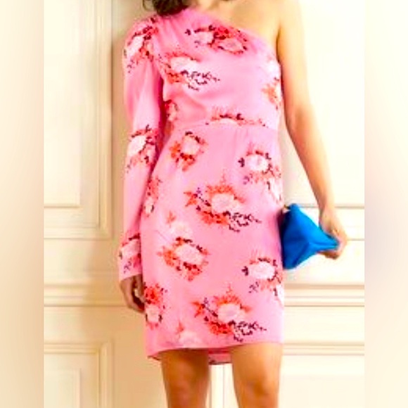 NWT Retail $455 LES RÊVERIES One-Sleeve Floral-Print Matte-Satin Mini Dress - Picture 1 of 9